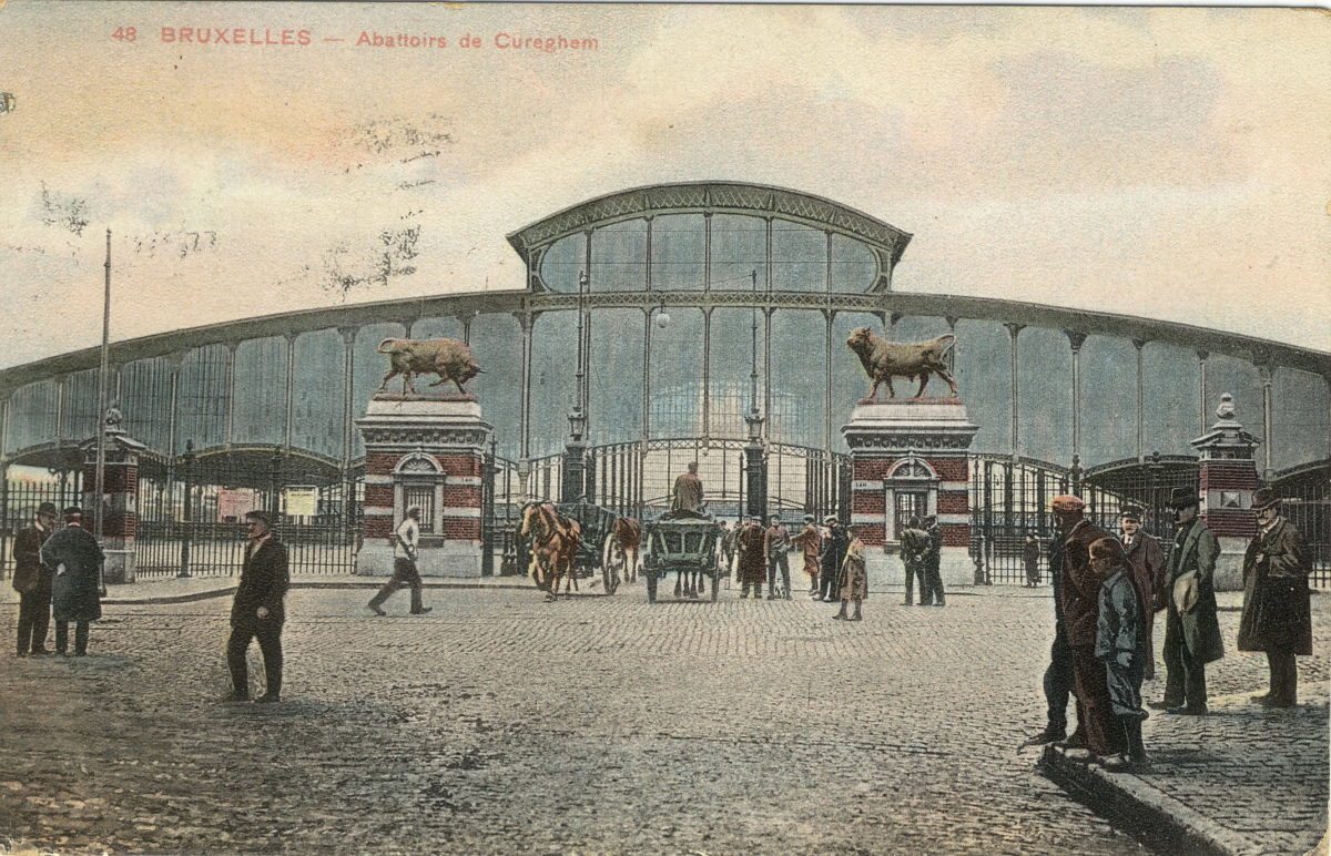 ancienne carte postale coloriée des abattoirs de Cureghem