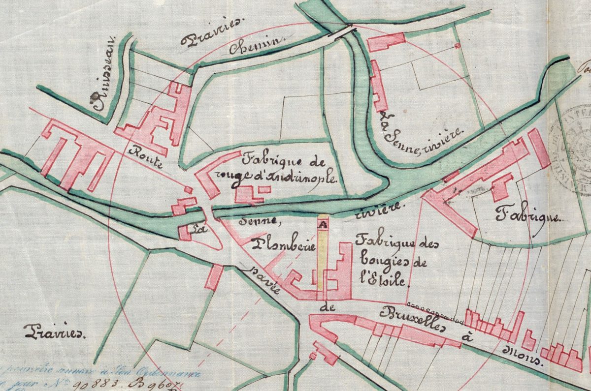 Plan dessiné à la main des industries jouxtant la Senne, fin 19ème siècle