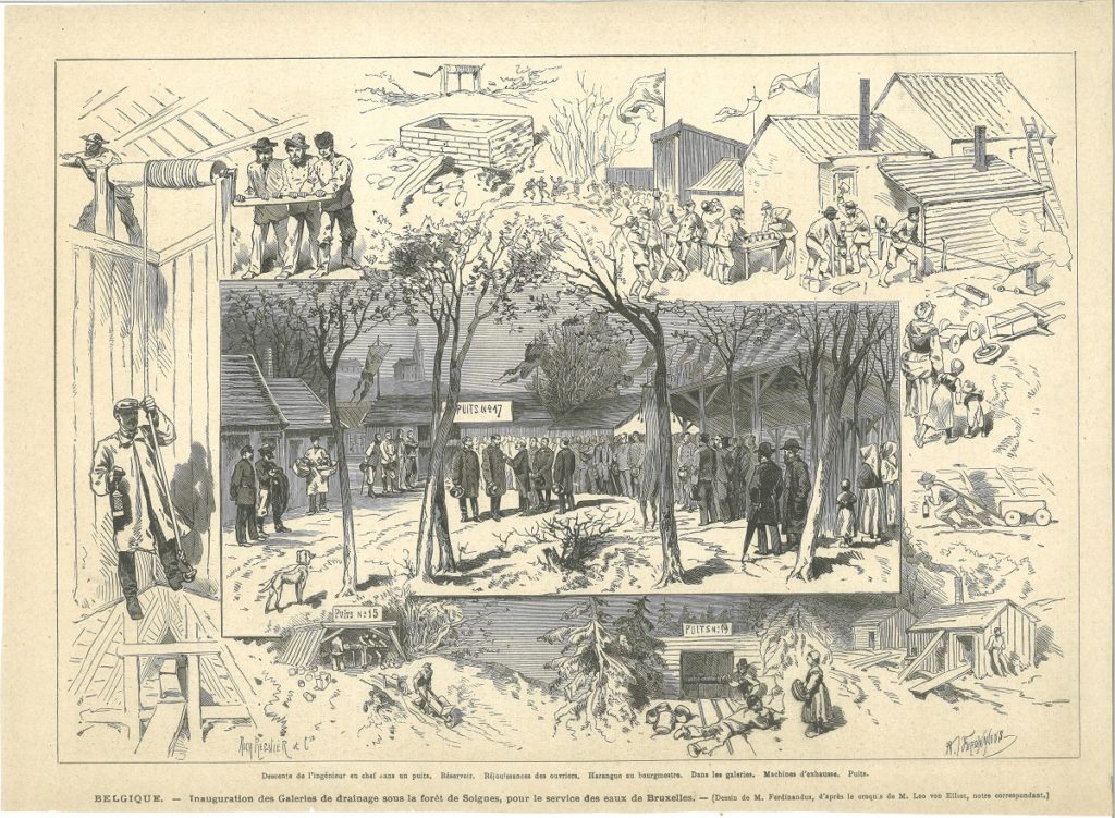 Inauguration des galeries de drainage sous la Forêt de Soignes, gravure parue dans Le Monde illustré, 1879