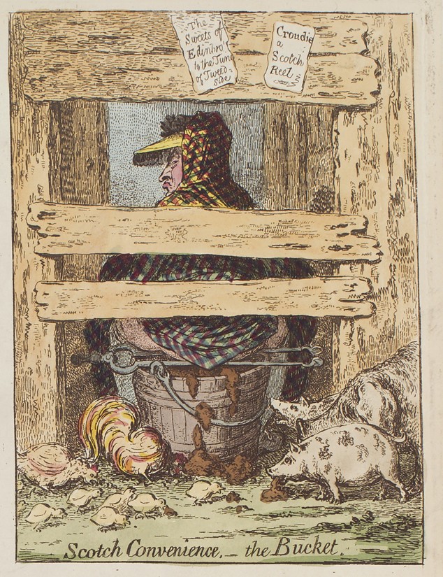 Caricature d'un Écossais faisant ses besoins dans un baquet, James GILLRAY, National conveniences, dessin à l’encre, 1796, National portrait Gallery, Londres