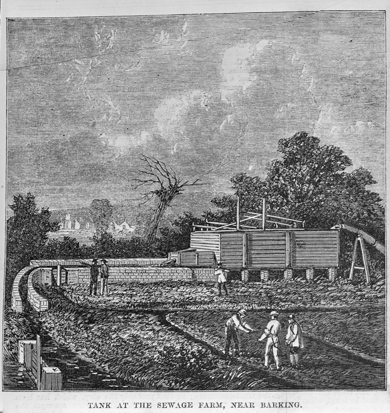 Gravure d'une ferme d'épandage agricole à Barking, dans la banlieue de Londres, 19e siècle, Creative Commons, Wellcome Collection