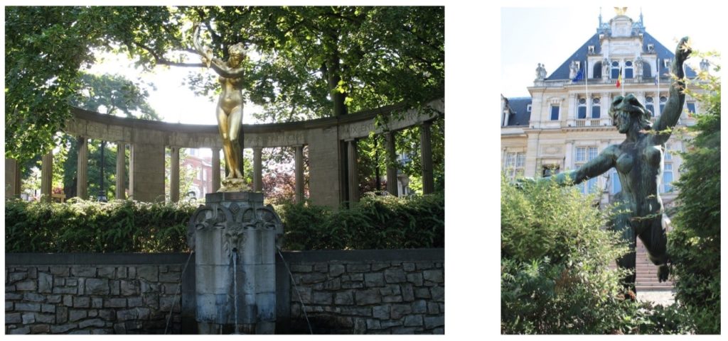 « La déesse du Bocq » au square Armand Steurs à Saint-Josse (Julien Dillens, 1899) et la « déesse du Bocq » devant l’hôtel communal de Saint-Gilles (Jef Lambeaux, vers 1896)