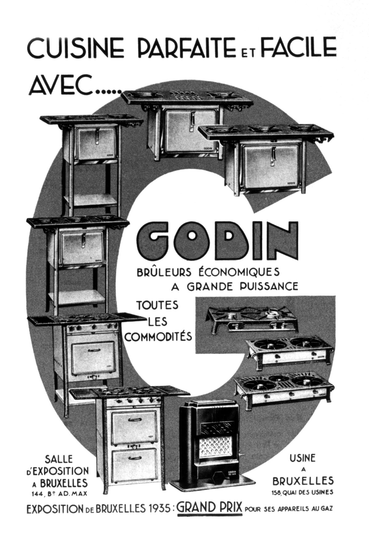 Publicité Godin, poêlerie à gaz. Usine : quai des Usines 158. Dans : "Bulletin de l'Association des gaziers belges", n° 2, février 1937, page entre 50 et 51, 02/1937 ©