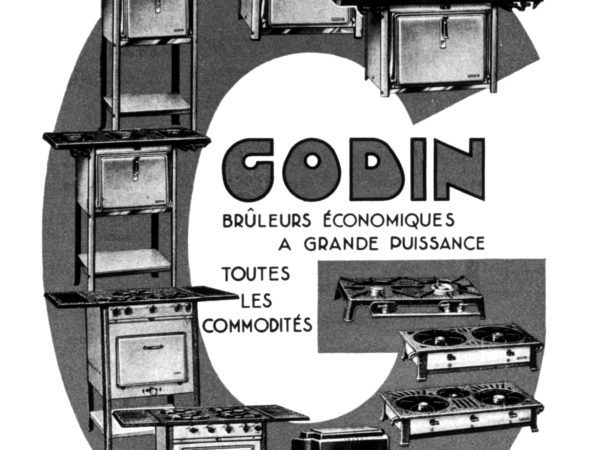 Publicité Godin, poêlerie à gaz. Usine : quai des Usines 158. Dans : "Bulletin de l'Association des gaziers belges", n° 2, février 1937, page entre 50 et 51, 02/1937 ©